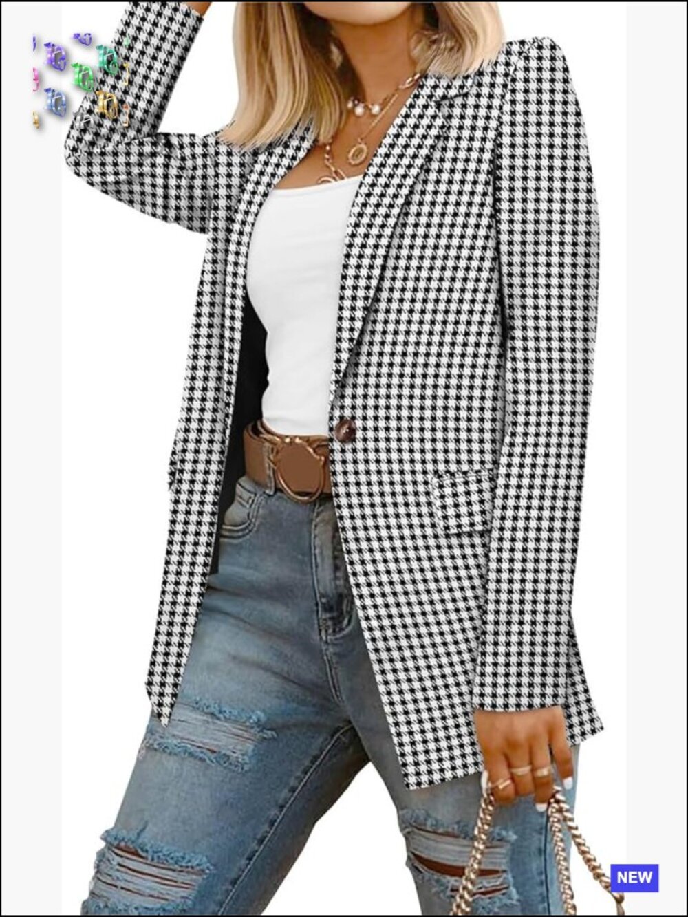 Classic Houndstooth Blazer Regular Fit Professional Work Jacket with Pockets